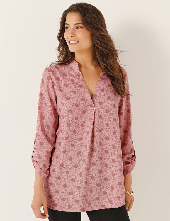 Blouse col tunisien imprimé pois, crêpe (rose poudré / taupe) Blouse col tunisien imprimé pois, crêpe (rose poudré / taupe)